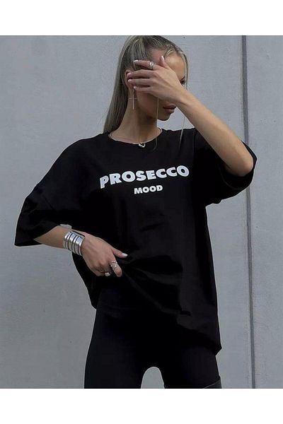 NO 601 Tricou de damă, negru, în relief, cu imprimeu Prosecco, din bumbac pieptănat, supradimensionat