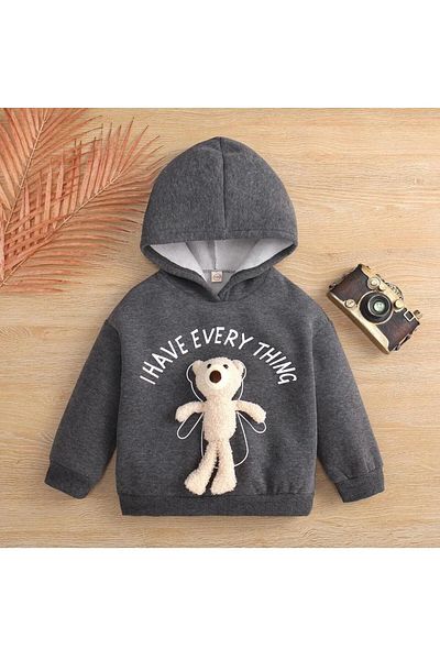 npLStore Зимен голям суитшърт с качулка - Детски суитшърт с качулка и детайли от плюшено мече
