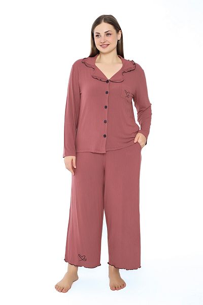 Cotpark Plus Size Women's Viscose Combed Cotton Pajamas Set - Long Sleeve, Shirt Neck, Button Front 19058-B