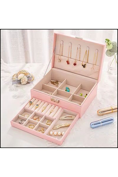 İsdeksan 2-Tier Decorative Pink Jewelry Box and Jewelry Organizer Jewelry Box