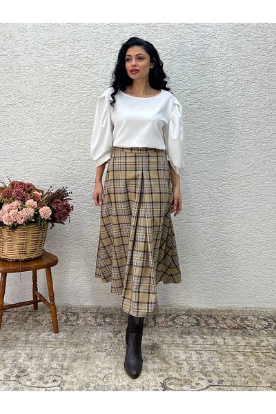 KÜÇÜĞÜM BUTİK Fusta în carouri albastru închis cu colaj plisat