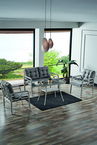 Evdemo Rio Rattan Bahçe Balkon Oturma Takımı 2+1+1+Camlı Masa Kemik Rengi