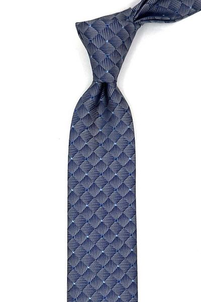 Kravatkolik Grey - Blue Square Pattern Slim Tie Sk7994