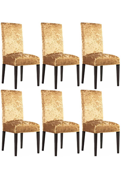 Bumedo Ipek Kadife 6'lı Sandalye Kılıfı Likralı Lastikli Kadife Sandalye Örtüsü (6 ADET) - Gold