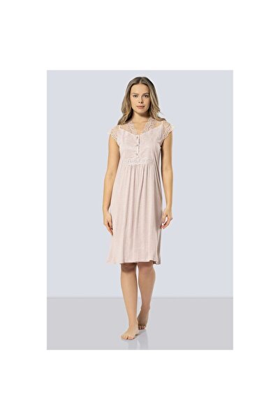 TÜREN 3296 Women's Powder Lace Detailed Short Sleeve Maternity Nightgown