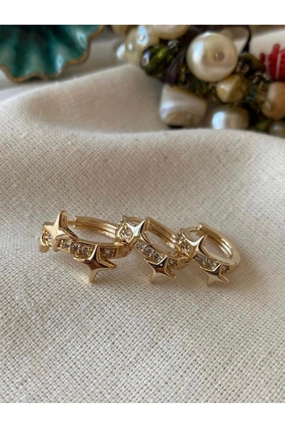 SU PERİSİ TAKI BİJUTERİ Gold Kuzey Yıldızı Detaylı Zirkon Taşlı 3 lü Halka Set Küpe