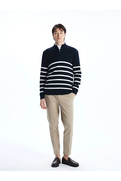 LC Waikiki Lcw Vision Navy Blue Stand Collar Long Sleeve Striped Men's Knitwear Sweater