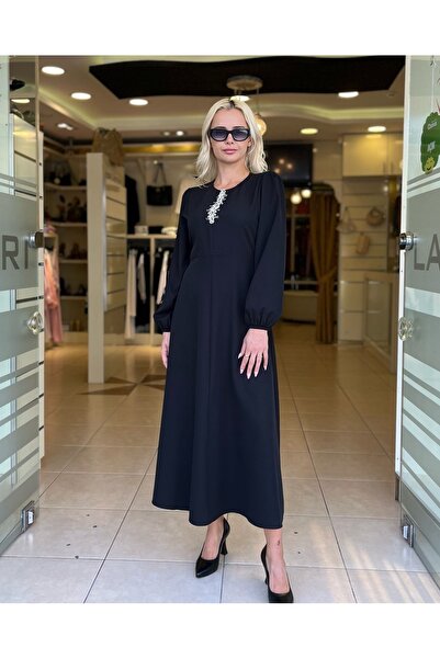 Unique Midi-Length Dress with Stone Collar