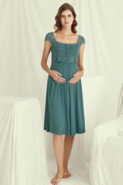 MONAMİSE Kadın Dantelli Önü Düğmeli Hamile Lohusa Gecelik 18536