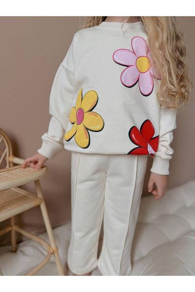 YİGİT BUTİK Yigit Boutique Floral Printed Spanish Leg Girl's Bottom Top Set