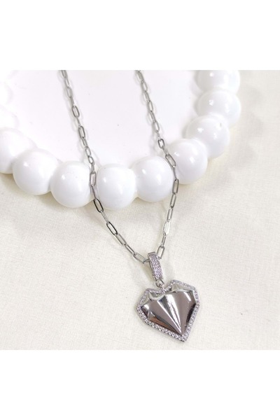 Güler Yüzlü Silver Steel Plum Chain Heart Necklace 45+5 cm - White