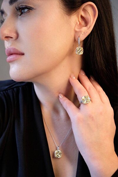 Cansum Silver Sitrin Taşı Kare Set Takım