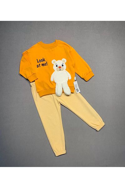 Mu Art Ahşap 2-3-4 Years Old Teddy Bear Rocking Foot Patterned Lycra Combed Fabric Sweat Trousers 2-Piece Children's Set for Girls and Boys