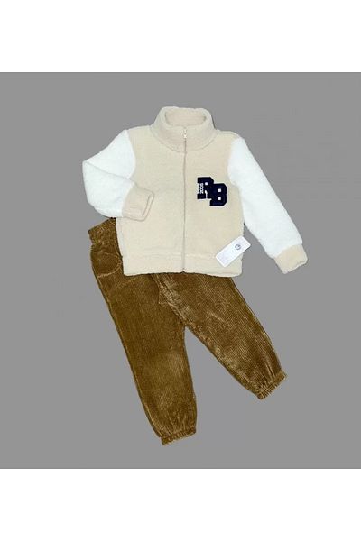 Mu Art Ahşap 1-2-3 Years Old Lamb Fabric Zippered Sweat Velvet Trousers Long Sleeve Girl Boy 2 Piece Set Beige