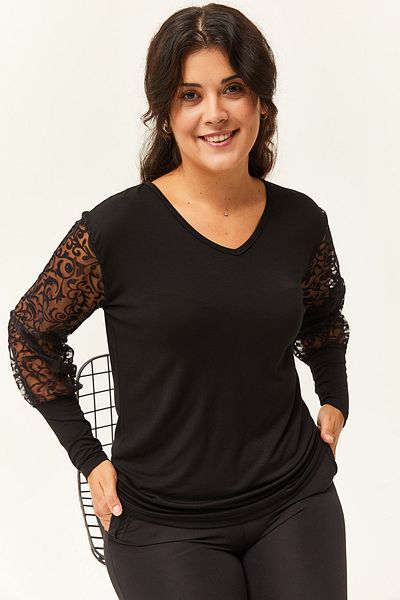 Ebsumu Women's Plus Size Sleeve Lace Flower Detailed Black Blouse