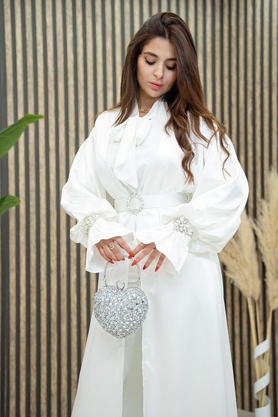 Zümrüt Satin Abaya and Belt - Stone Detailed, Model 1750