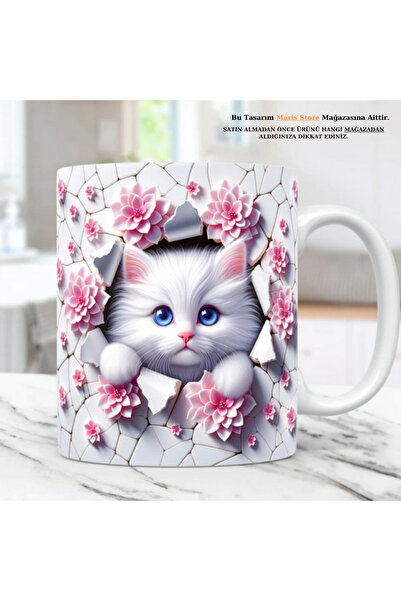 MARİS STORE Pink and White Cat Printed 3D Effect Gift Mug