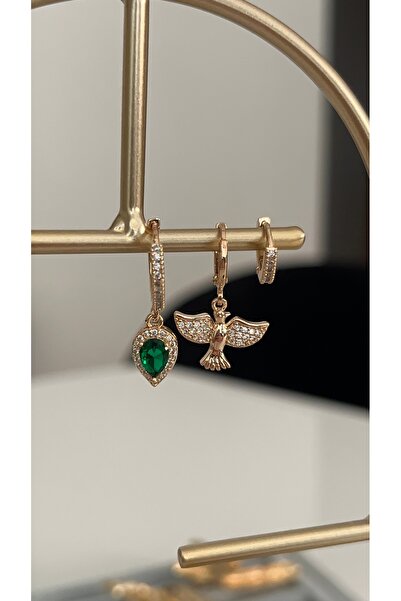 SU PERİSİ TAKI BİJUTERİ Gold Anka Kuşu ve Zümrüt Taşlı 3 lü Set Küpe