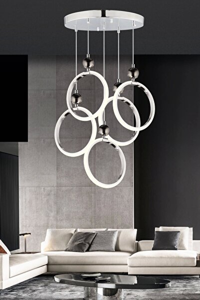 NZL Lighting Dekoratif Beşli Yuvarlak Üç Renkli Krom Sarkıt Ledli Oturma Odas...