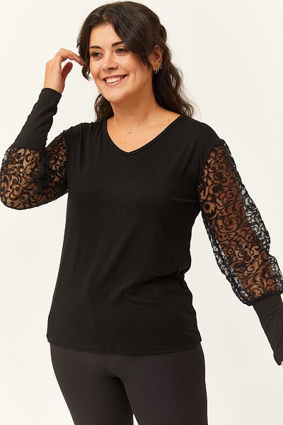 Ebsumu Women's Plus Size Sleeve Lace Flower Detailed Black Blouse