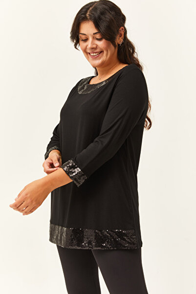 Ebsumu Γυναικεία Μαύρη Μπλούζα Plus Size με Λεπτομέρεια Παγιέτα