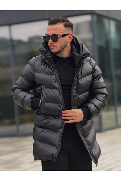 KINGAF Ανδρικό παλτό Puffer - Μακρύ με κουκούλα, δερμάτινο padding