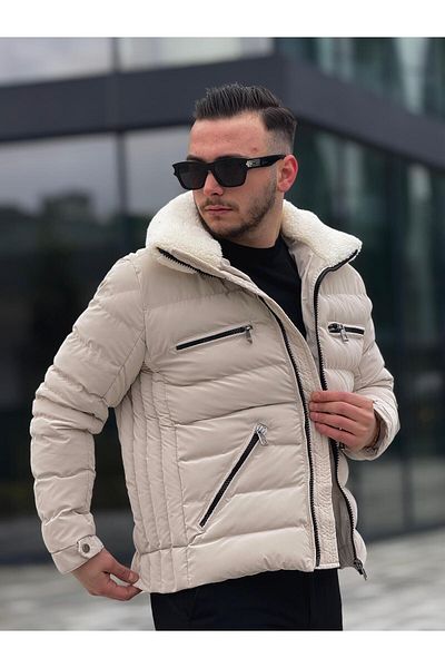 KINGAF Palton din piele strălucitoare pentru bărbați - guler de blană