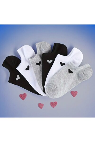 6 Pairs Black White Gray Heart Patterned Women's Sneaker Socks Invisible Seamless Casual Cotton