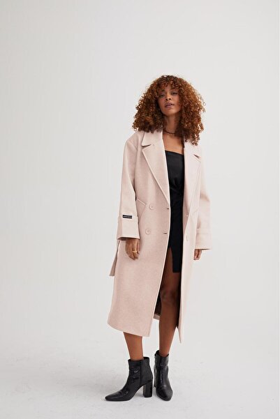 Perryes Palton lung supradimensionat pentru femei, cu guler răsturnat, cu nasturi și cu mâneci pliate, crem