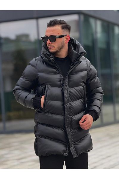 KINGAF Ανδρικό παλτό Puffer - Μακρύ με κουκούλα, δερμάτινο padding