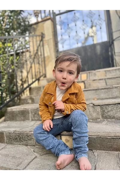 Mu Art Ahşap 3-4-5 Years Old Corduroy Jacket and Jeans Trousers 3-Piece Girl Boy Set Mustard