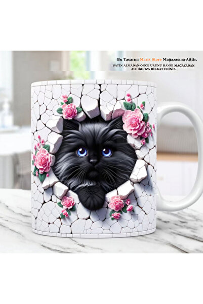 MARİS STORE Black Cat Printed 3D Effect Gift Mug