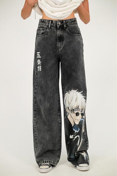 Gofeel Y2K Black Baggy Unisex Washable Anime Printed Detail Pants
