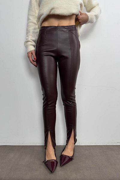 Sue Store Pantaloni din piele artificială maro amar cu fermoar și talie elastică