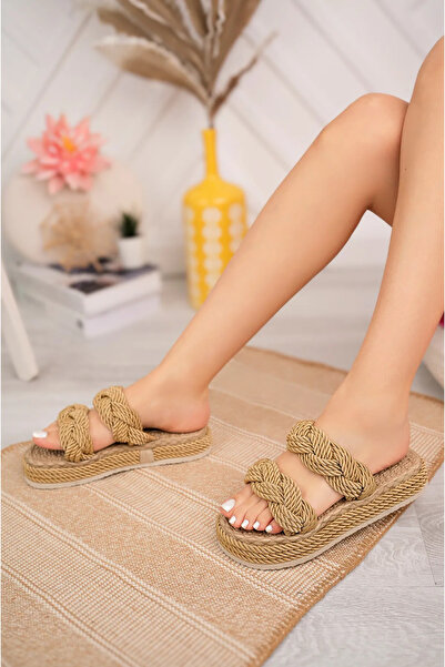 moun shoes Γυναικείες ψάθινες παντόφλες με χρυσό σχοινί με 2 λουράκια με ψηλή βάση 5cm