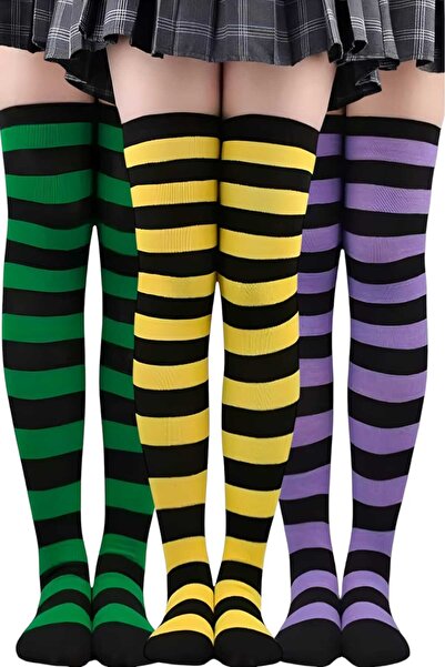 Trenderrs Дамски чифт от 3 дебели раирани чорапи над коляното