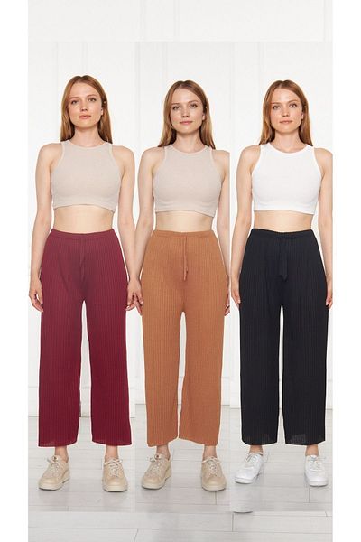 Oyga 3-Piece Burgundy - Camel - Black Women's Ribbed REPORTED Trousers & Tracksuits, Casual Home Wear