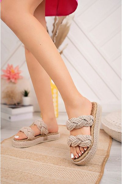moun shoes Women's Cream Rope Drawstring 2-Stripes High-Sole Straw Slippers 5cm