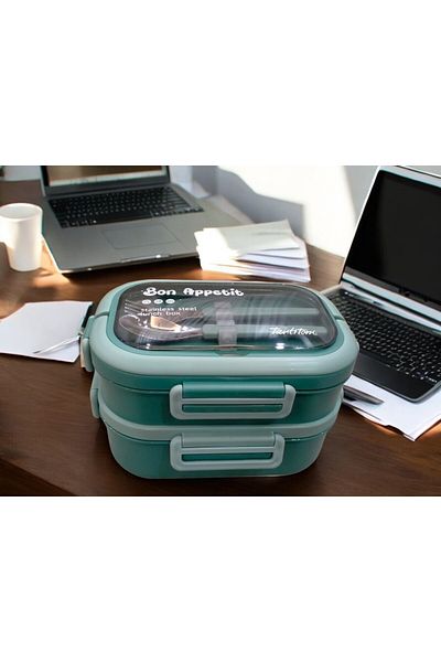 Tantitoni Stainless Steel Lunch Box - 2 Layers with Fork and Spoon