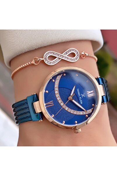 Daniel Klein Marka Lacivert Çelik Ince Hasır Kordonsu Geçirmez Garantili Kadın Kol Saati Bileklik Hediyeli