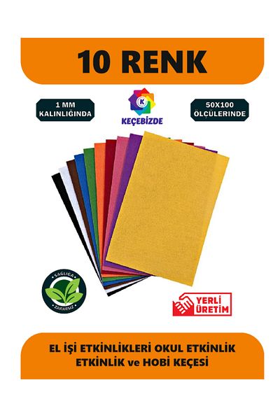 KeçeBizde 50X100 cm Color Thin 1 mm Felt - 10 Colors for Hobby & School Events
