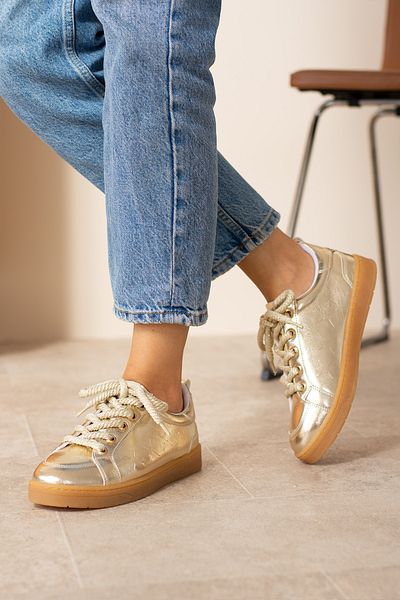 KOTAN Gold Women's Thick Lace-Up Leather Look Comfortable Women's Sneakers Sneakers