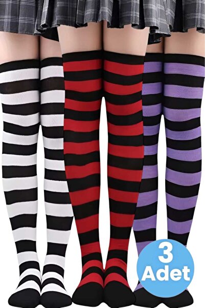 Trenderrs Дамски чифт от 3 дебели раирани чорапи над коляното