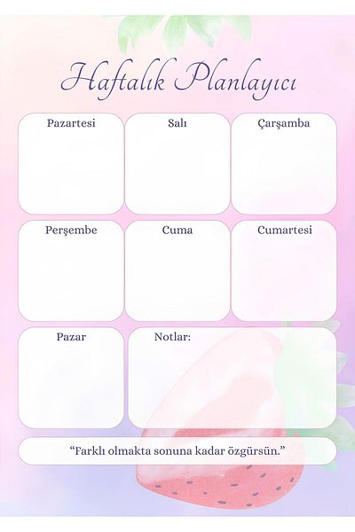 Rana İkra Art Pink Strawberry Themed Weekly Planner Memo Sheet (25 Pieces) (A4)