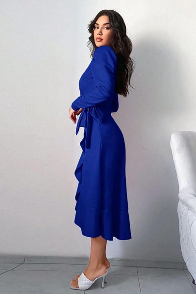 Deafox Blaues langärmliges Midikleid aus Kreppstoff mit Gürtel