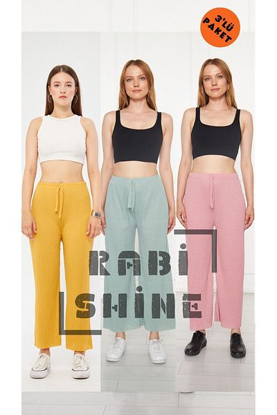 Rabi Shine Set de 3 pantaloni de trening cu nervuri, galben, verde apă și trandafir uscat - Pantaloni casual pentru acasă