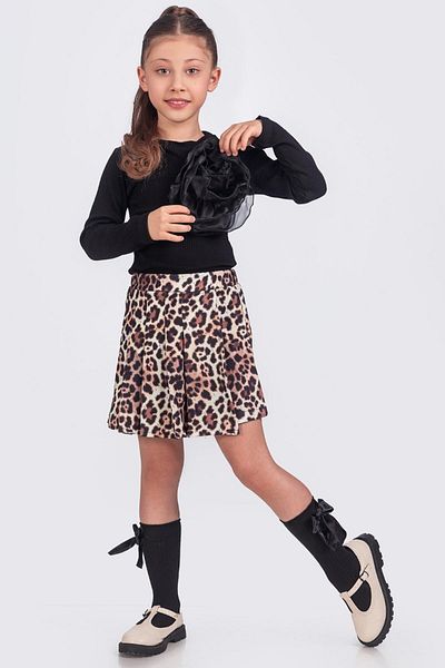 Minik Dolap Leopard Print Shorts Skirt & Rose Decorated Blouse Girls' Set - Black