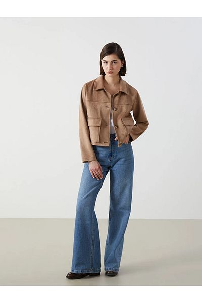 LC Waikiki Lcw Vision Beige Shirt Collar Women's Suede Look Jacket