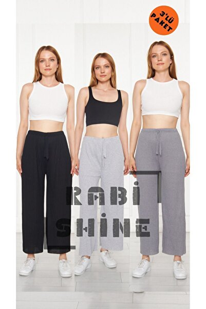 Rabi Shine 3 τεμαχίων μαύρο - γκρι - καπνιστό γυναικείο κοτλέ άνετο παντελόνι & αθλητική φόρμα, casual Comfortable Home Wear Pyjamas