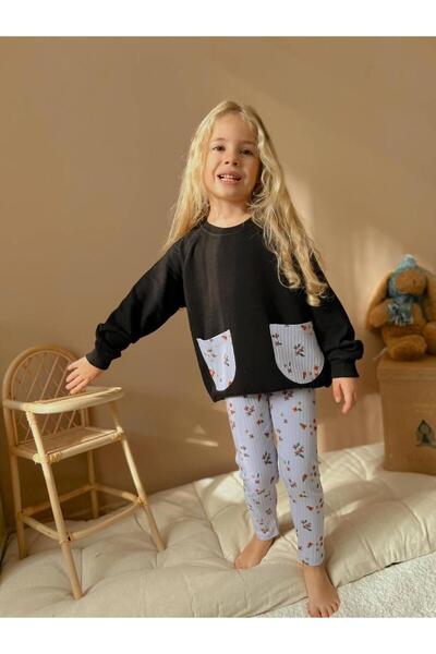Reversıble Girl's Top Pocket Bottom Tights Floral Patterned Suit